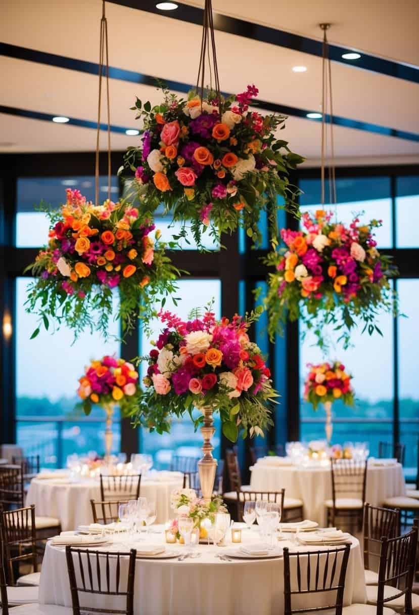 Vibrant floral arrangements suspended above elegant wedding tables