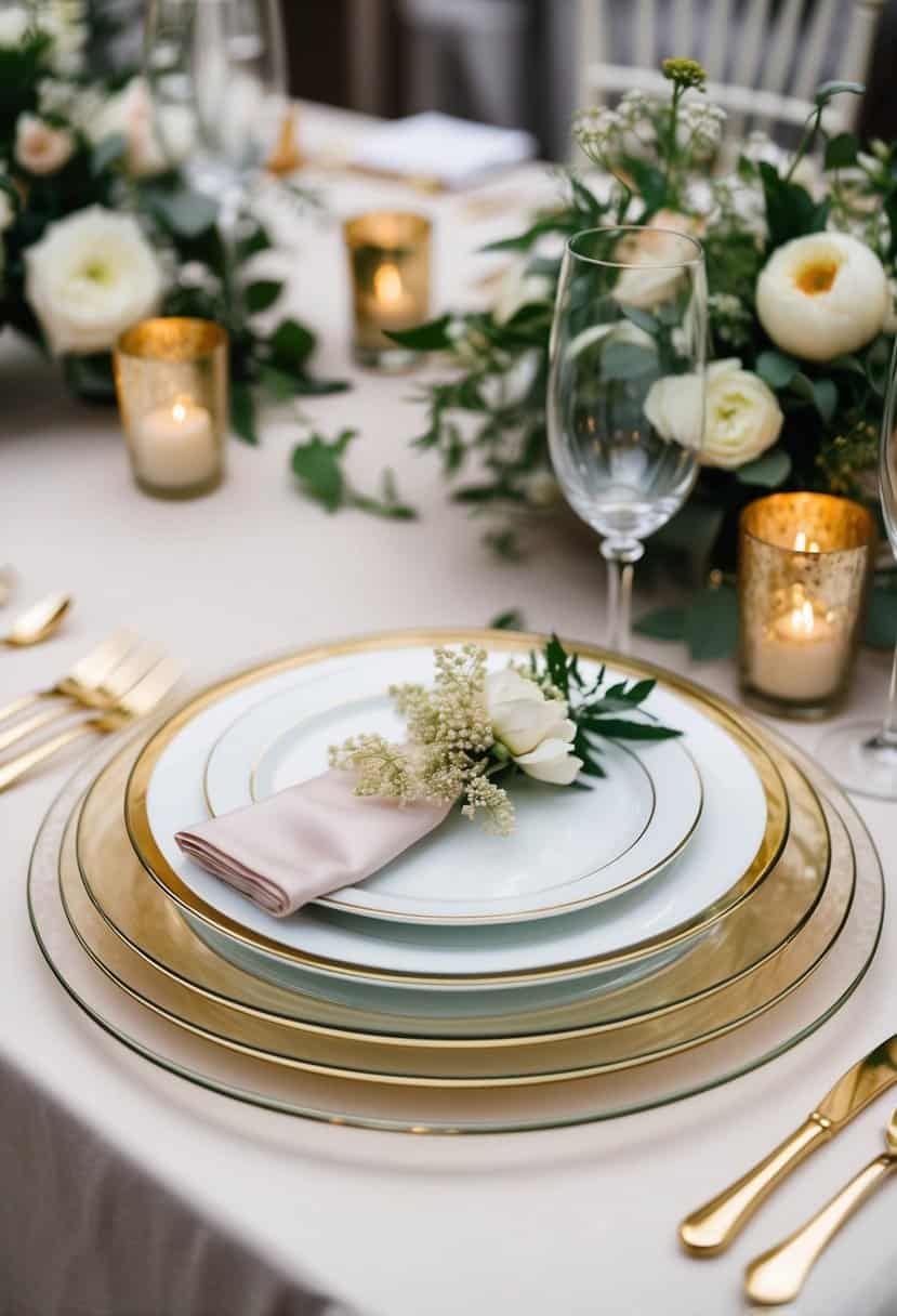 Gold-rimmed glass chargers stacked with elegant plates and surrounded by delicate floral arrangements on a beautifully set wedding table