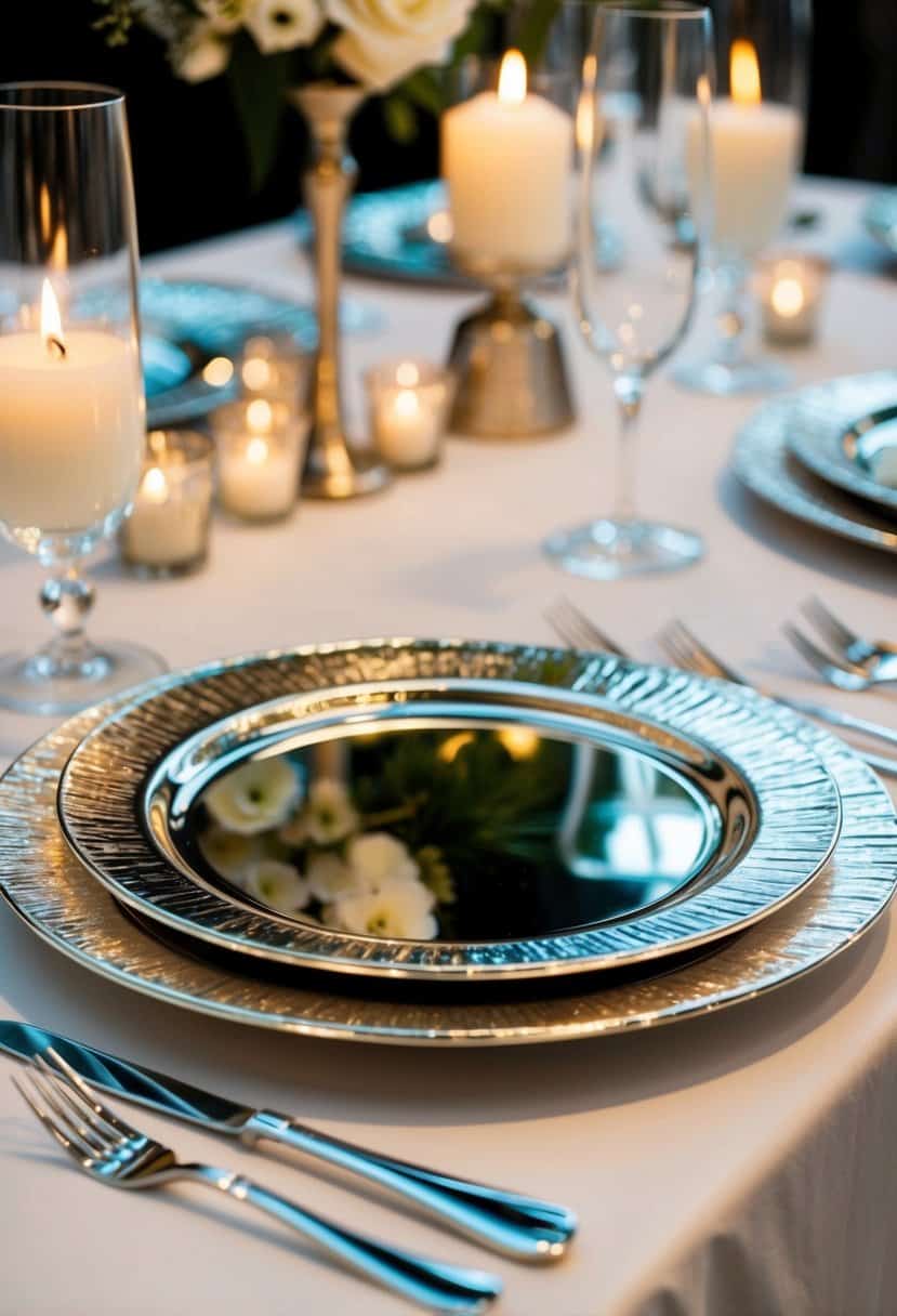 Shimmering metallic foil chargers adorn a modern wedding table, reflecting light and adding a touch of elegance to the celebration
