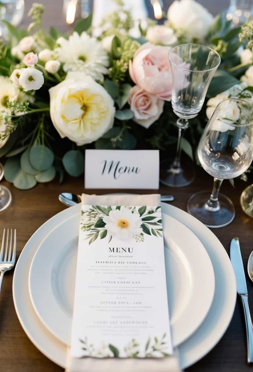 A beautifully arranged table setting with personalized menu cards, layered with delicate floral decorations for a wedding celebration