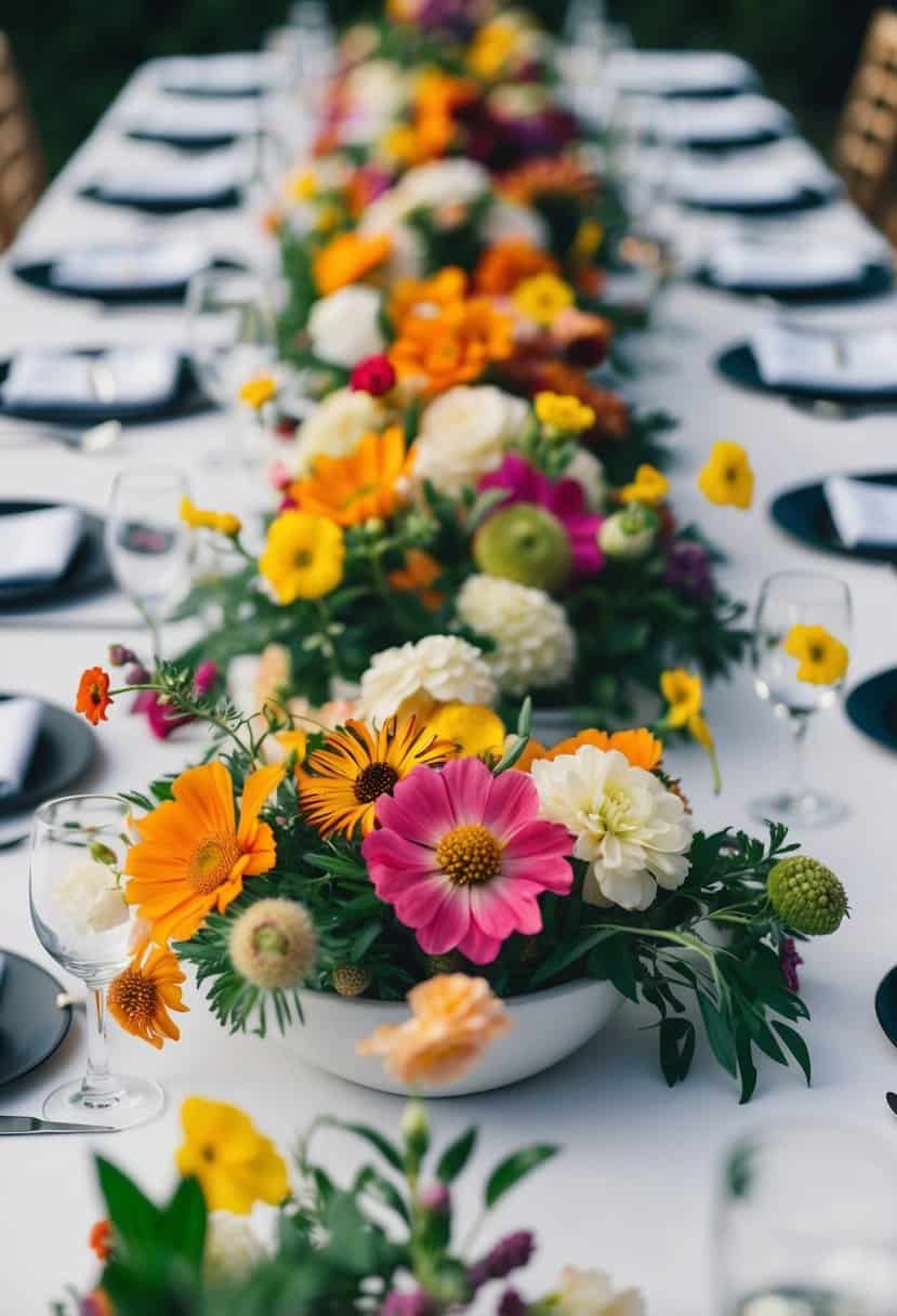 A vibrant mix of edible flowers scattered across a modern wedding table