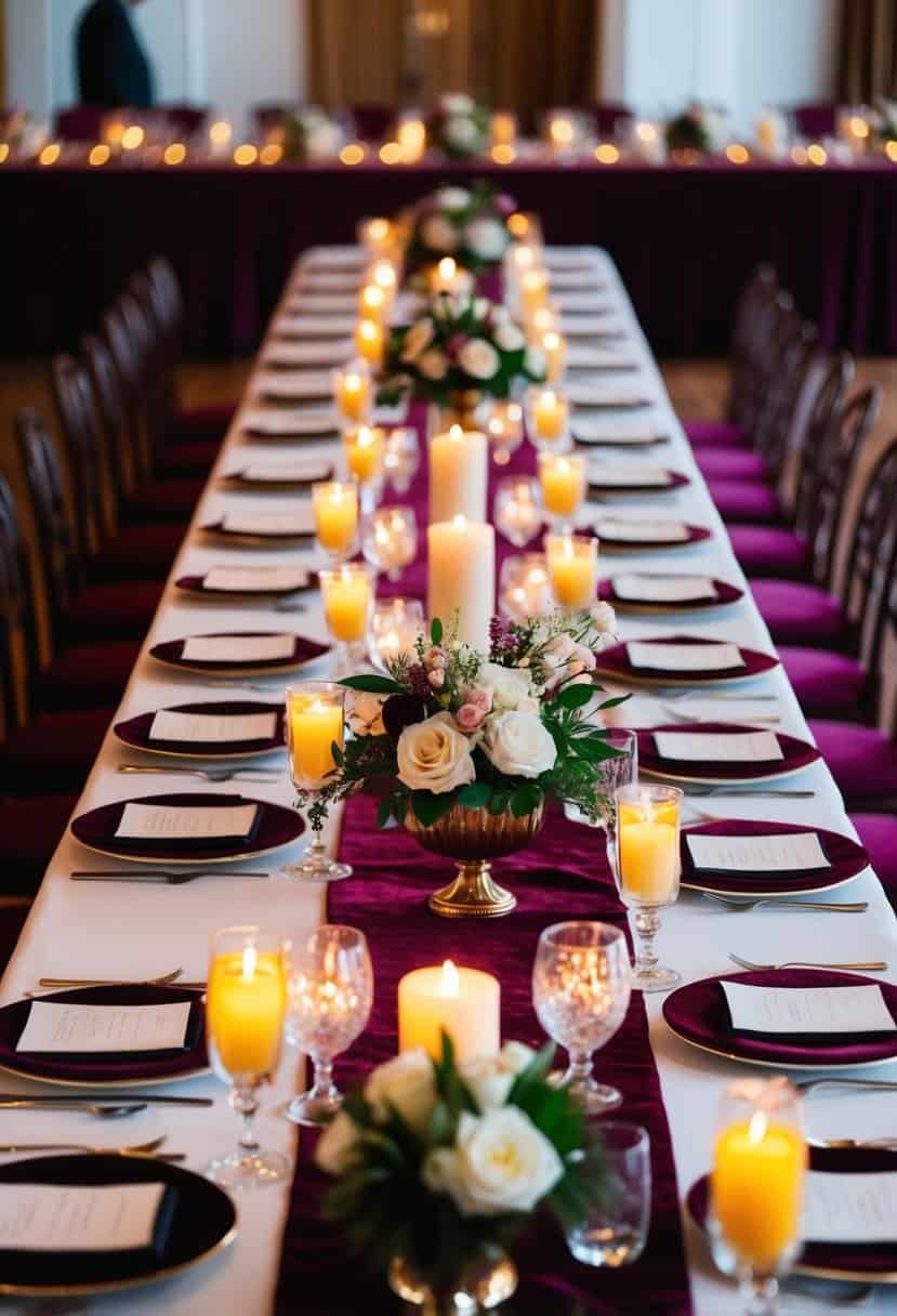 A long banquet table adorned with rich velvet tablecloths, topped with elegant floral centerpieces and flickering candlelight