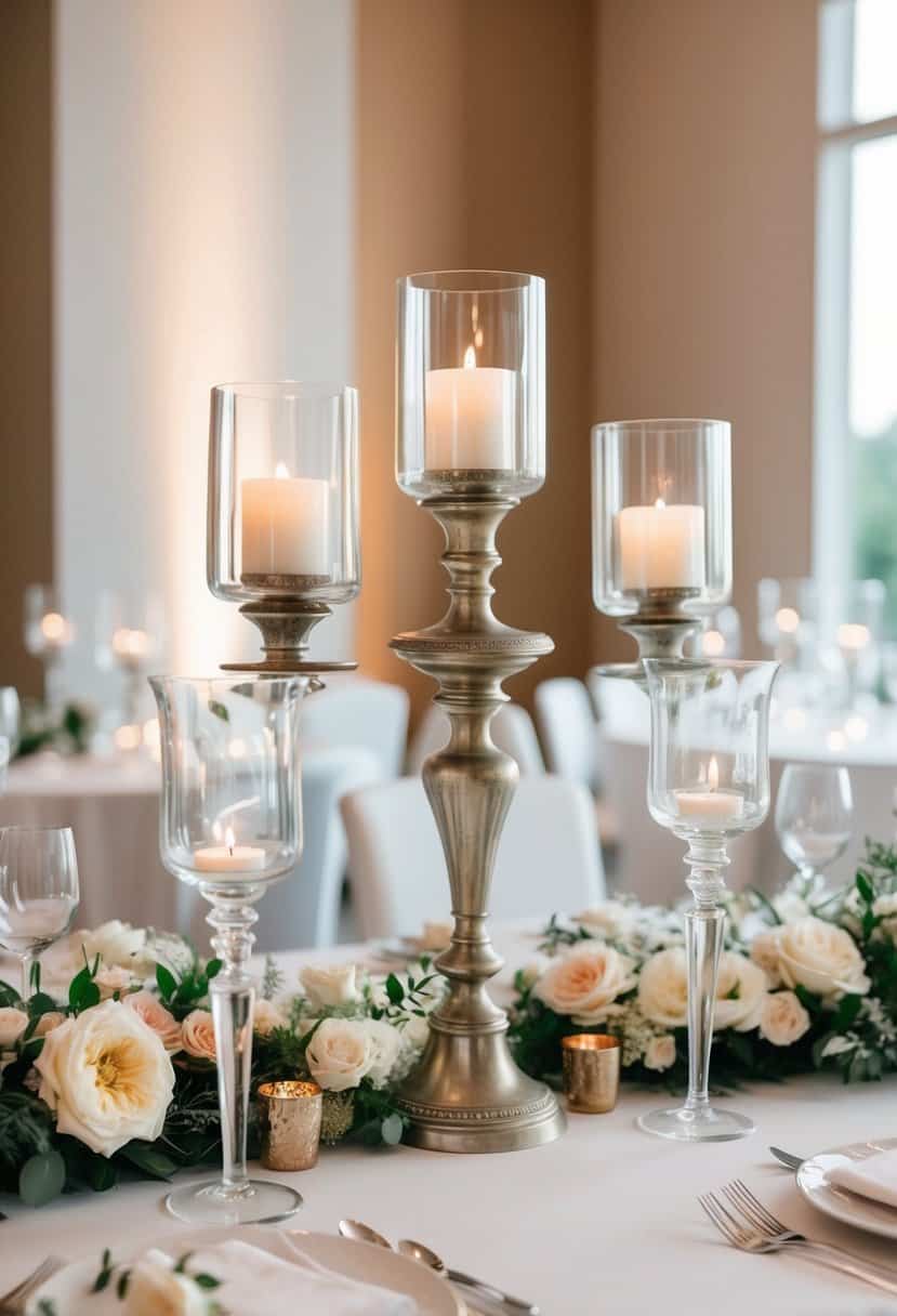 Elegant antique glass candle holders arranged on a modern wedding table with soft lighting and floral accents