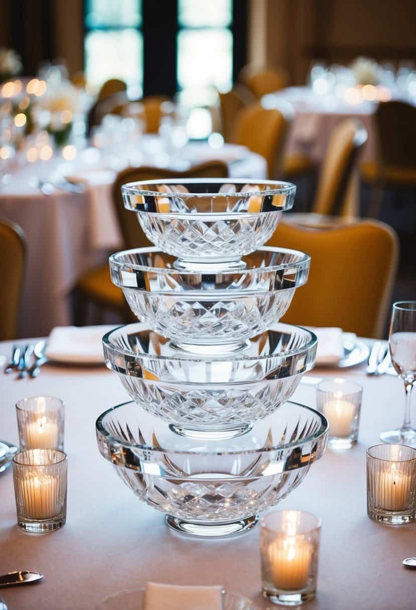 Glistening crystal bowls, stacked in layers, adorn a wedding table as elegant centerpieces