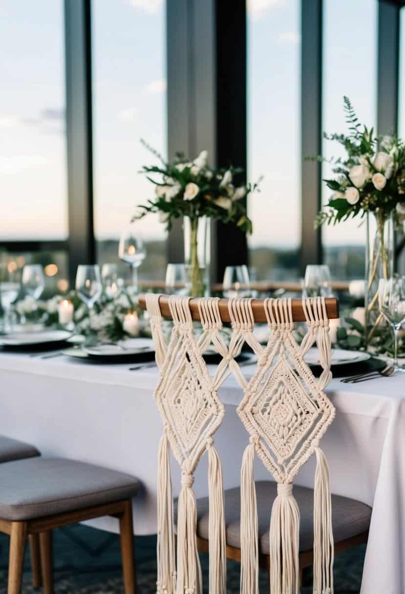 A table adorned with intricate macrame accents, adding a touch of elegance to a modern wedding setting