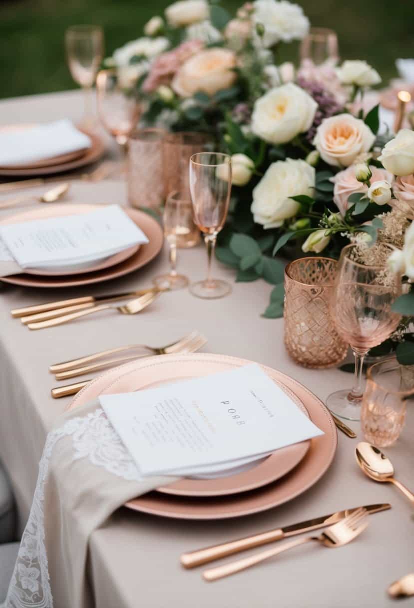 A table set with rose gold cutlery, layered with delicate linens and floral arrangements, creating an elegant wedding decoration