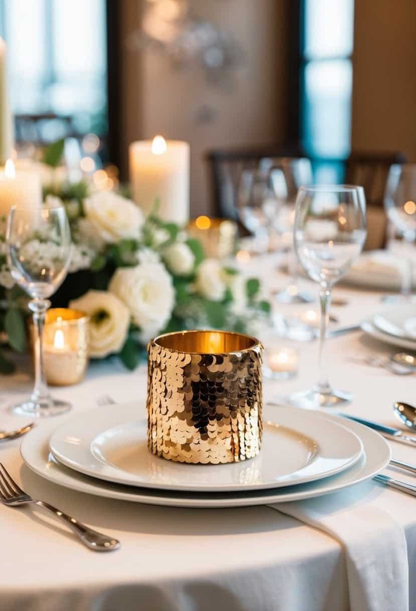 A table set with sequin napkin rings, layered with elegant wedding decorations