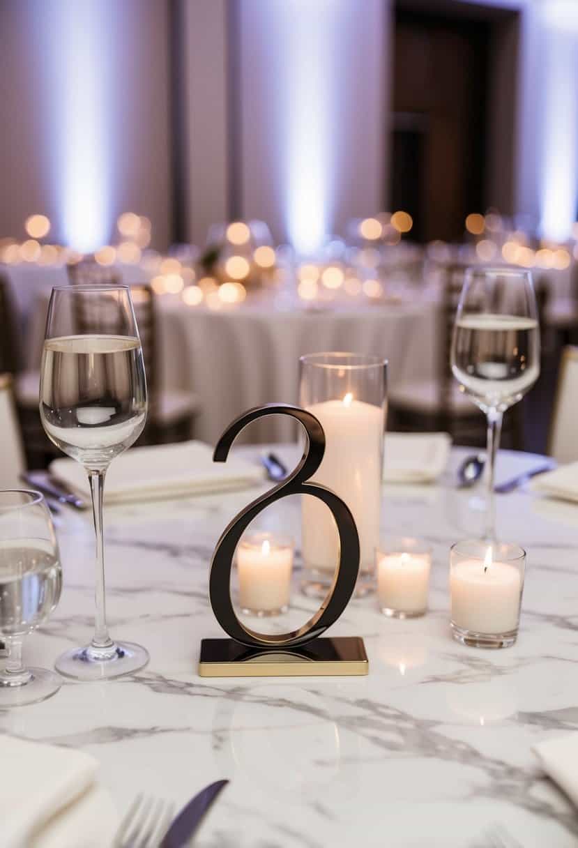 A sleek marble table adorned with modern numbered decorations for a wedding reception