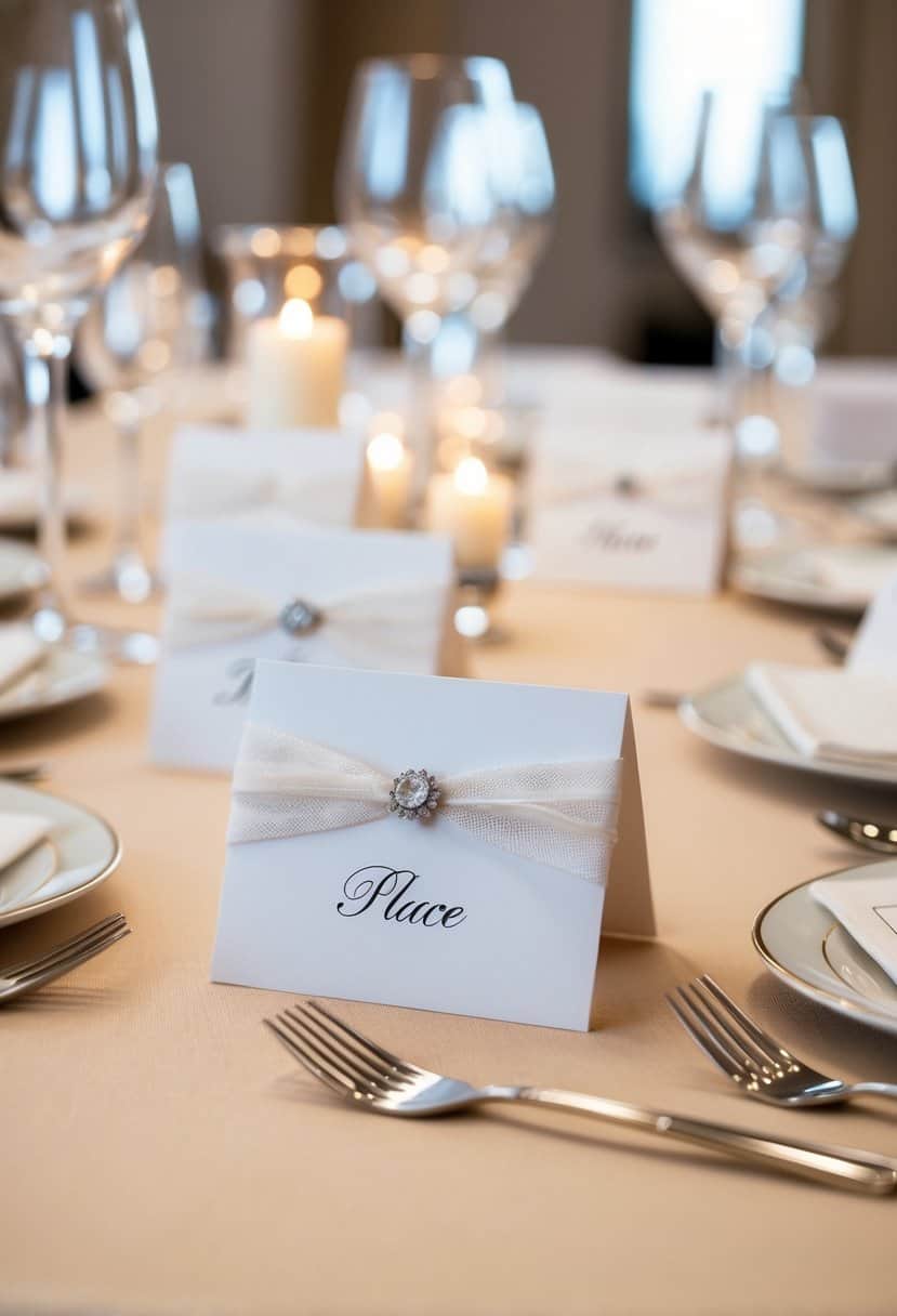 Elegant place cards arranged on a table, each monogrammed and layered with delicate details for a wedding celebration