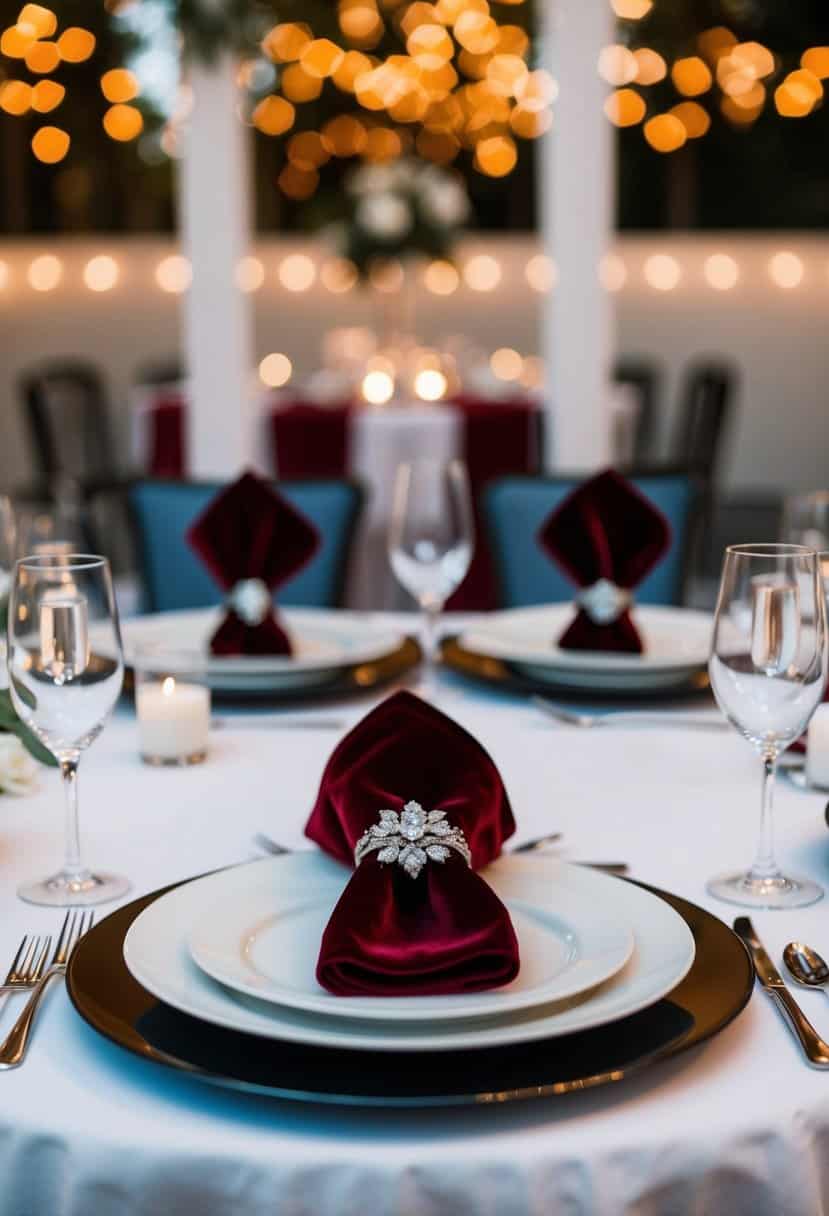 A table set with elegant velvet napkin rings in a modern wedding decor