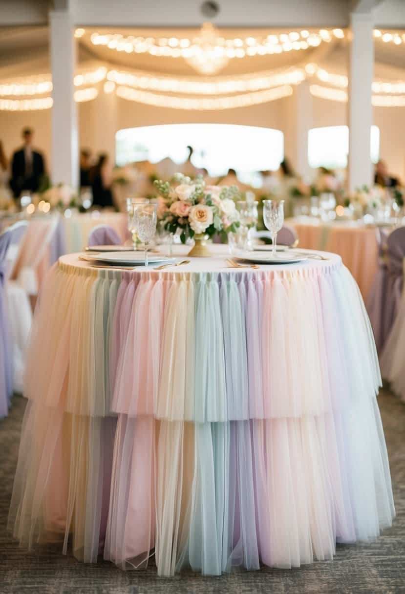 A round table adorned with layers of delicate tulle skirting in soft pastel hues, creating an elegant and romantic wedding centerpiece