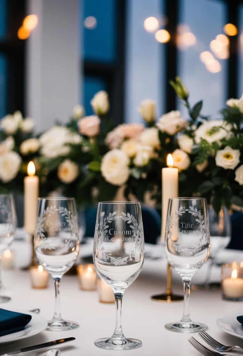 Custom engraved crystal glasses arranged on a sleek table with modern floral centerpieces and soft candlelight