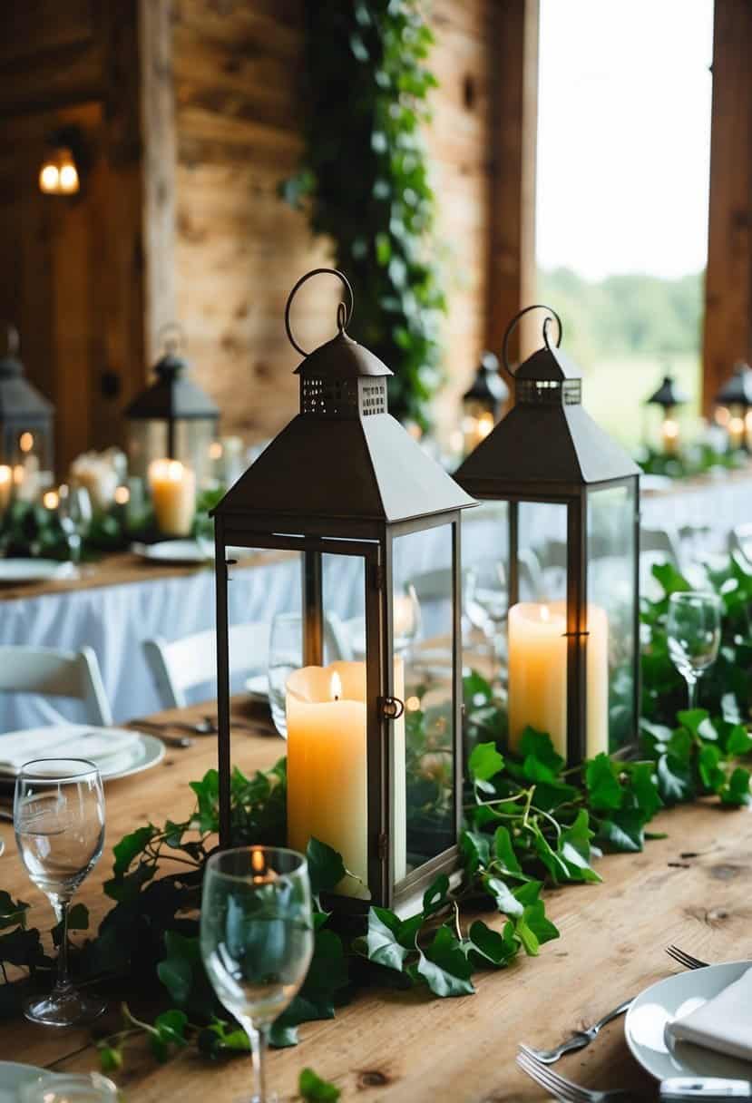 Antique lanterns adorn rustic wedding tables with ivy and candles