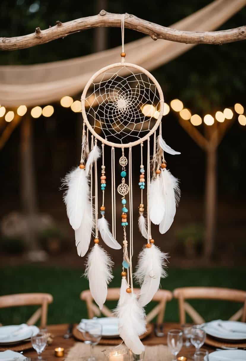 A bohemian dreamcatcher hangs above a rustic wedding table, adorned with feathers, beads, and intricate weaving, creating a whimsical and enchanting atmosphere