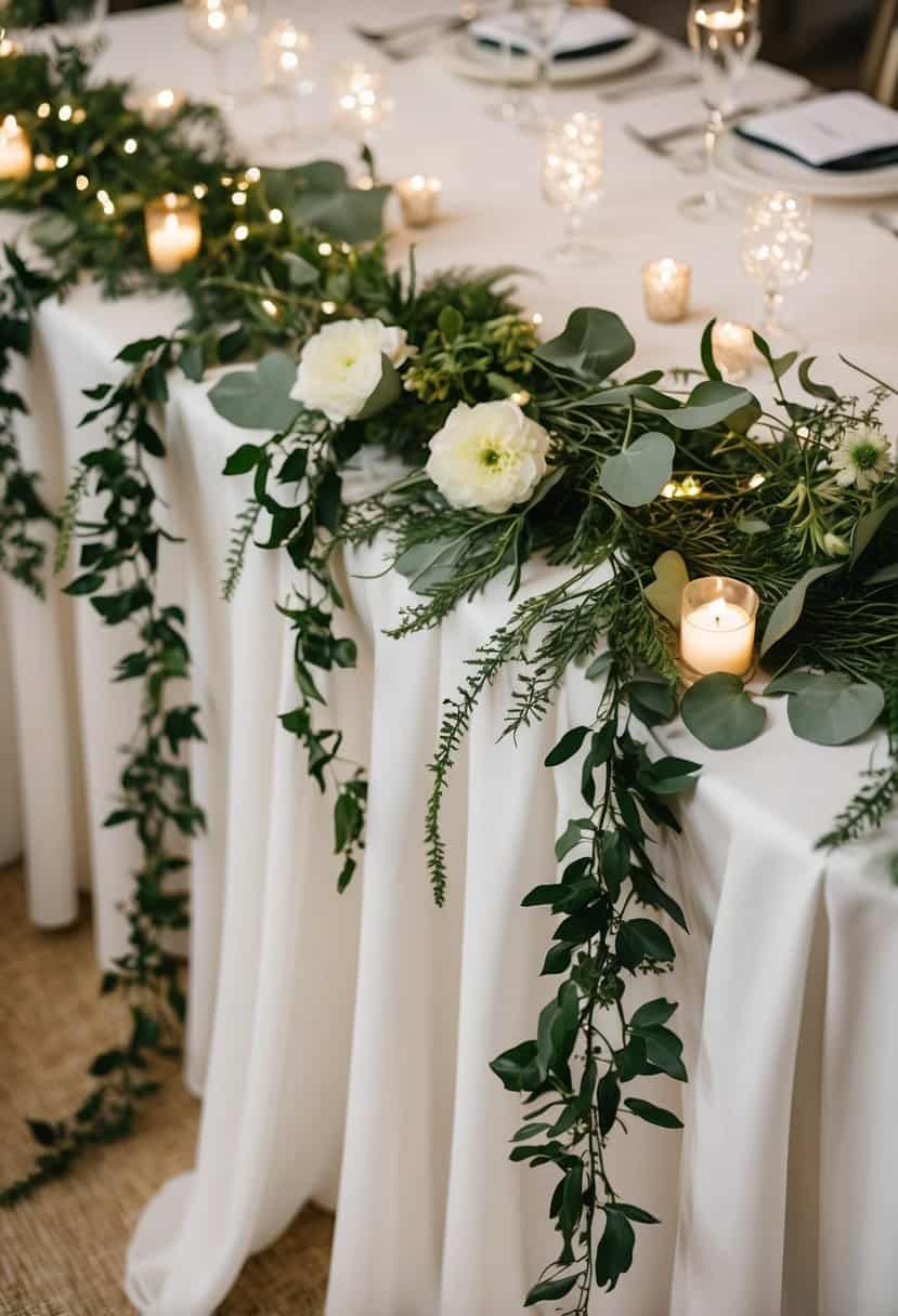 Silk flower garlands draped across a wedding table, intertwined with delicate greenery and twinkling fairy lights