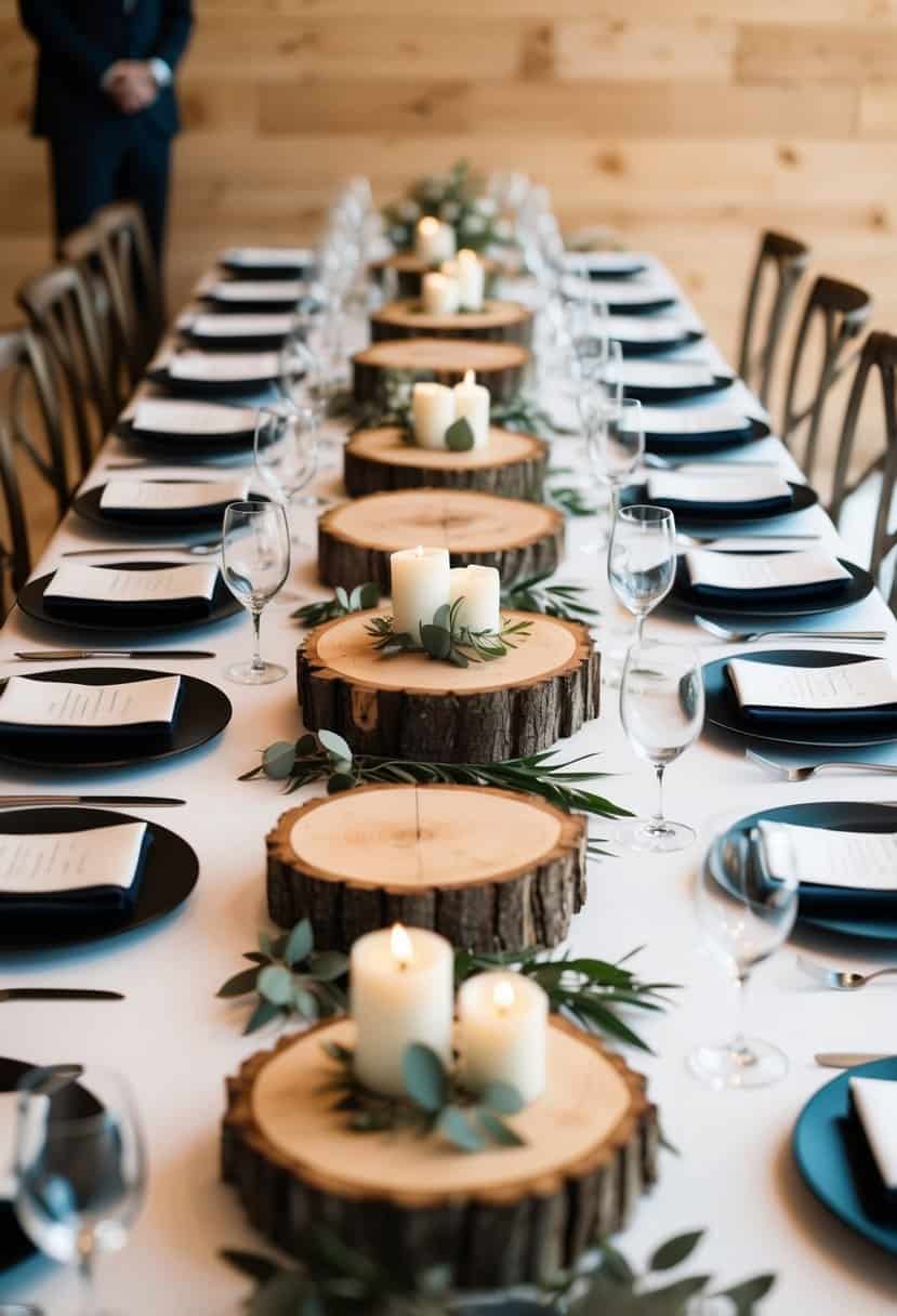 A collection of rustic wood slab centerpieces arranged on a modern wedding table