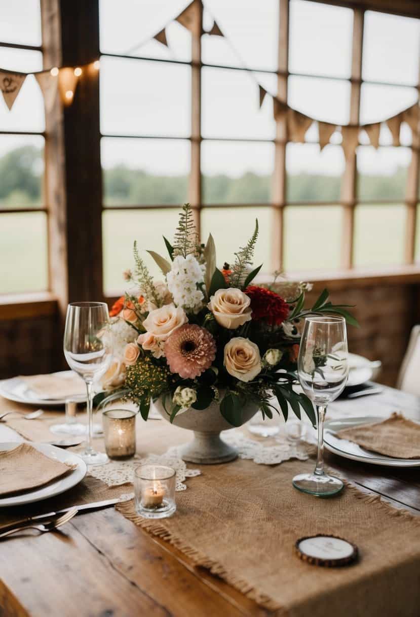 A rustic table set with layered burlap banners and floral centerpieces