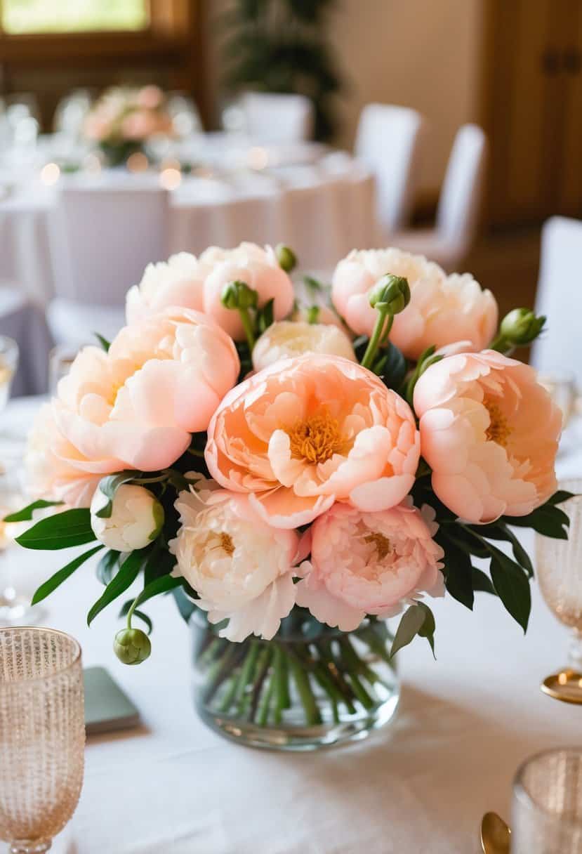 A delicate arrangement of peach peonies and soft-colored blooms in a centerpiece on a wedding reception table