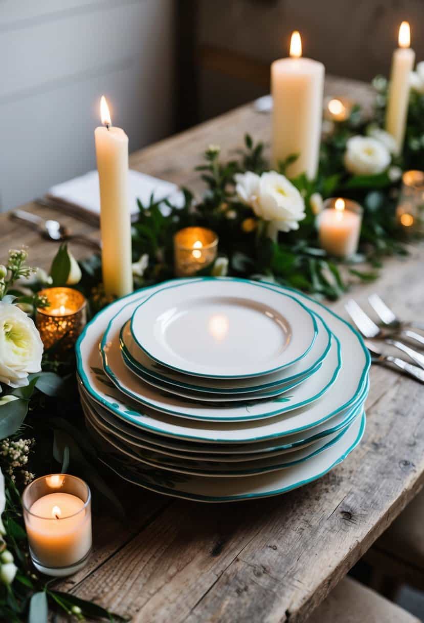 Hand-painted plates stacked on a rustic wooden table, adorned with fresh flowers and candles for a wedding celebration