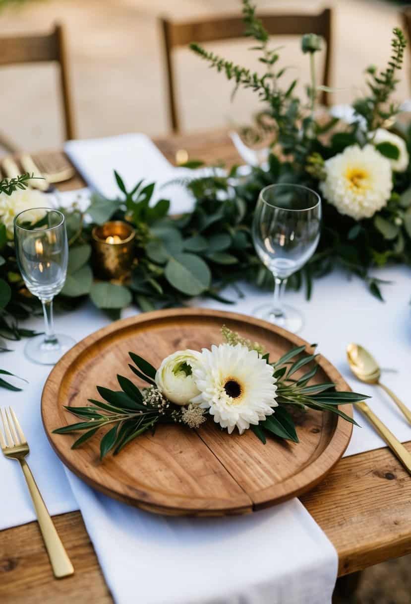 A rustic wooden charger adorned with greenery and flowers sits on a farmhouse wedding table