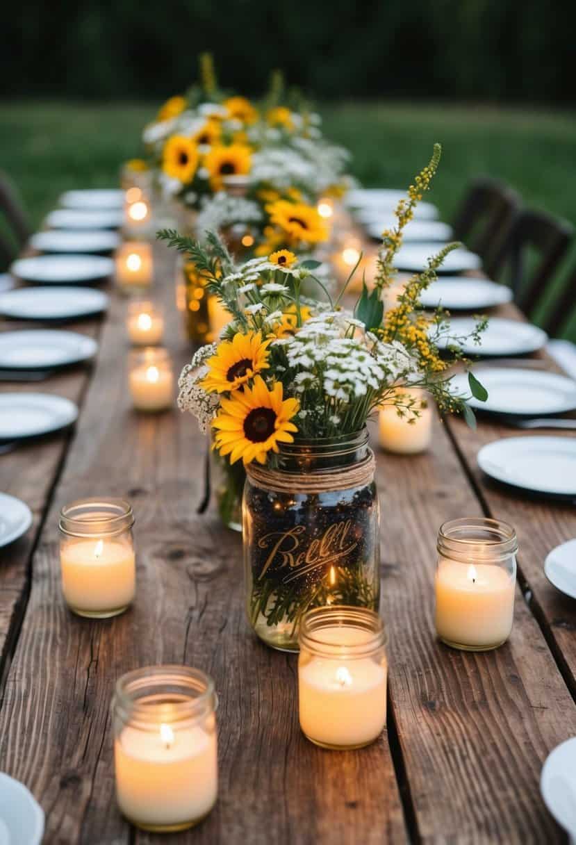 A rustic wooden table adorned with mason jar centerpieces filled with wildflowers and surrounded by flickering candles