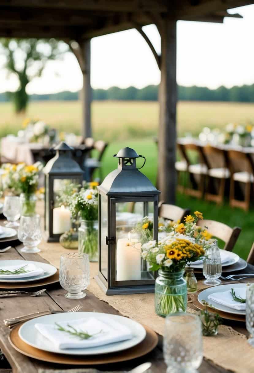 A rustic wooden table adorned with vintage lanterns and wildflowers for a farmhouse wedding