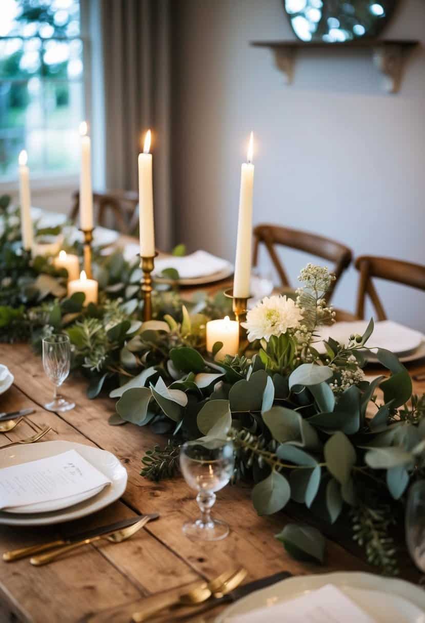 A rustic farmhouse table adorned with a lush eucalyptus garland, accented with delicate white flowers and soft candlelight