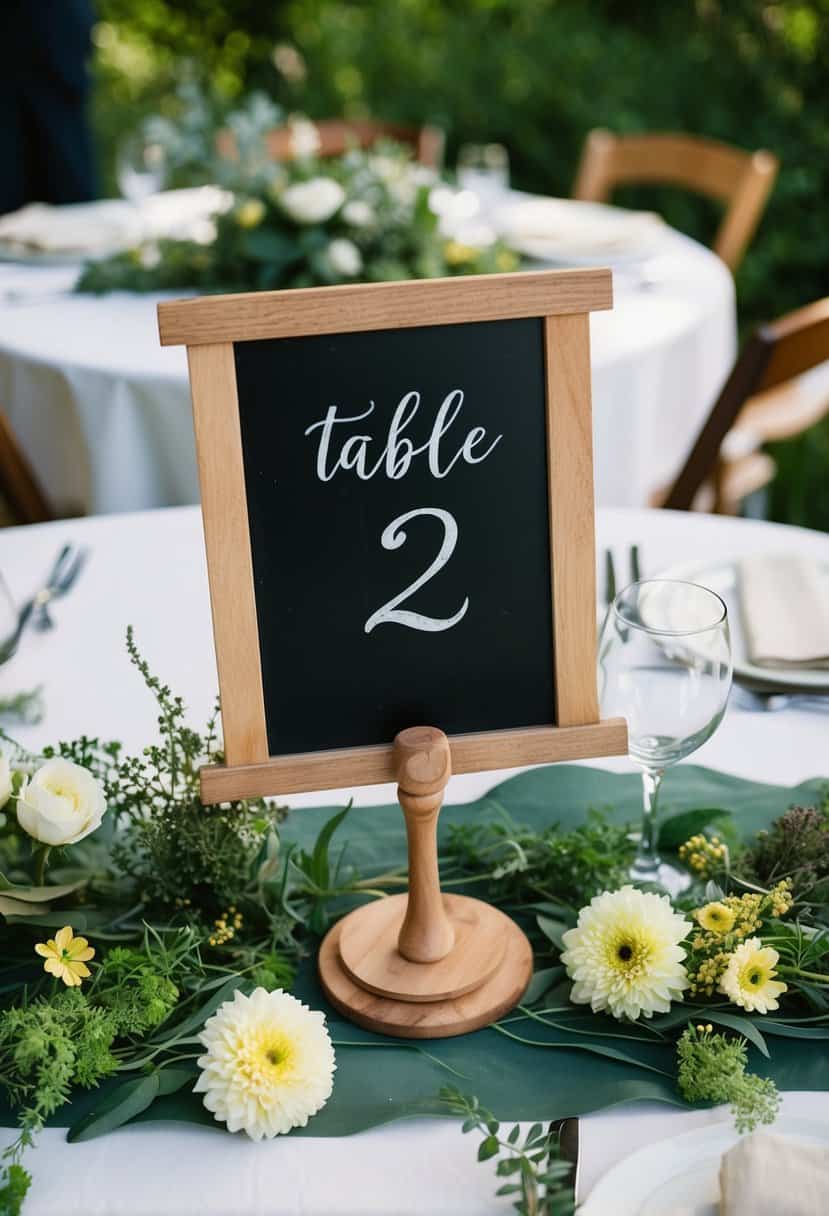 A rustic chalkboard table number on a wooden stand, surrounded by wildflowers and greenery, set on a farmhouse-style wedding reception table