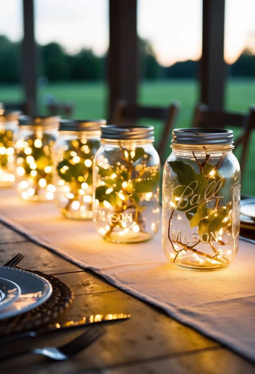 Mason jars filled with twinkle lights adorn a rustic farmhouse wedding table