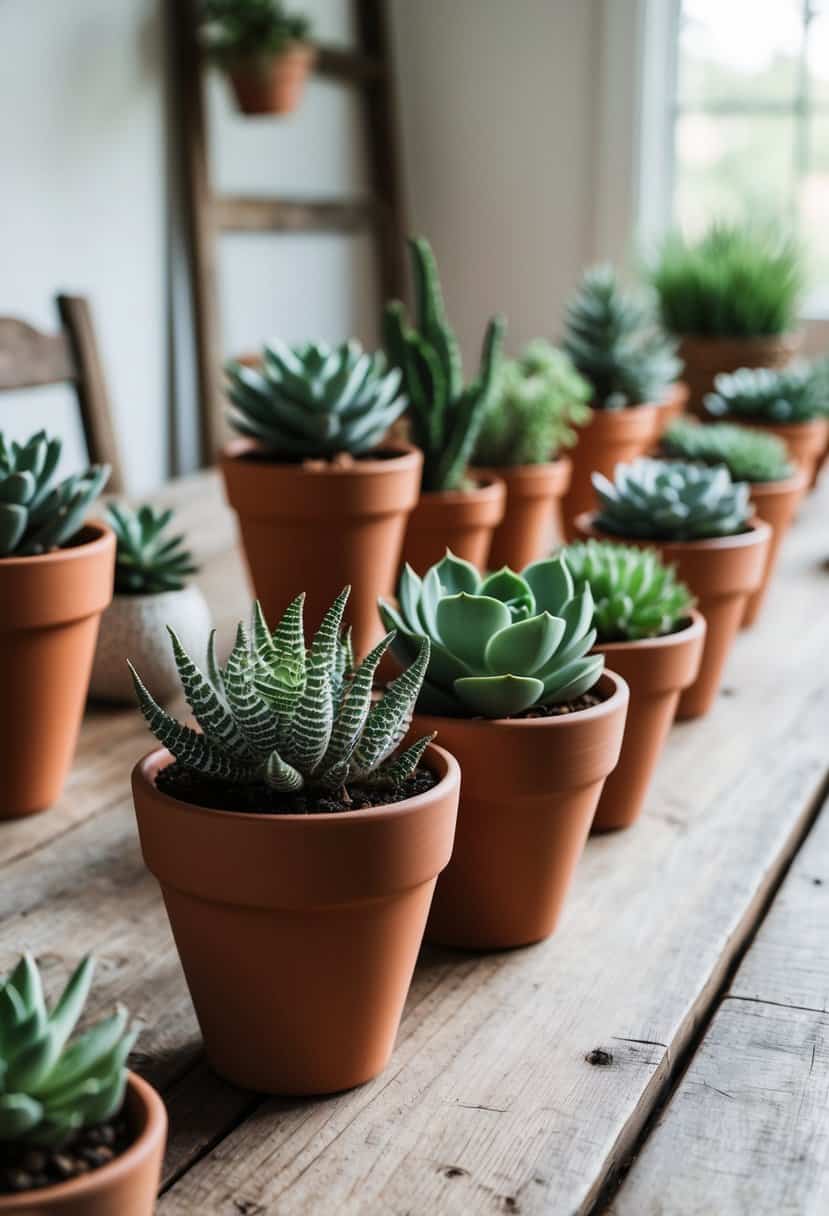 Terracotta pots with various succulents arranged on a wooden farmhouse table with rustic decor and soft natural lighting
