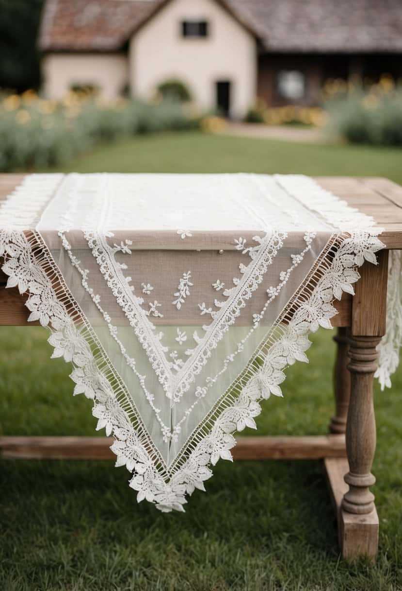 A rustic wooden table adorned with a delicate lace tablecloth, set against a backdrop of a charming farmhouse