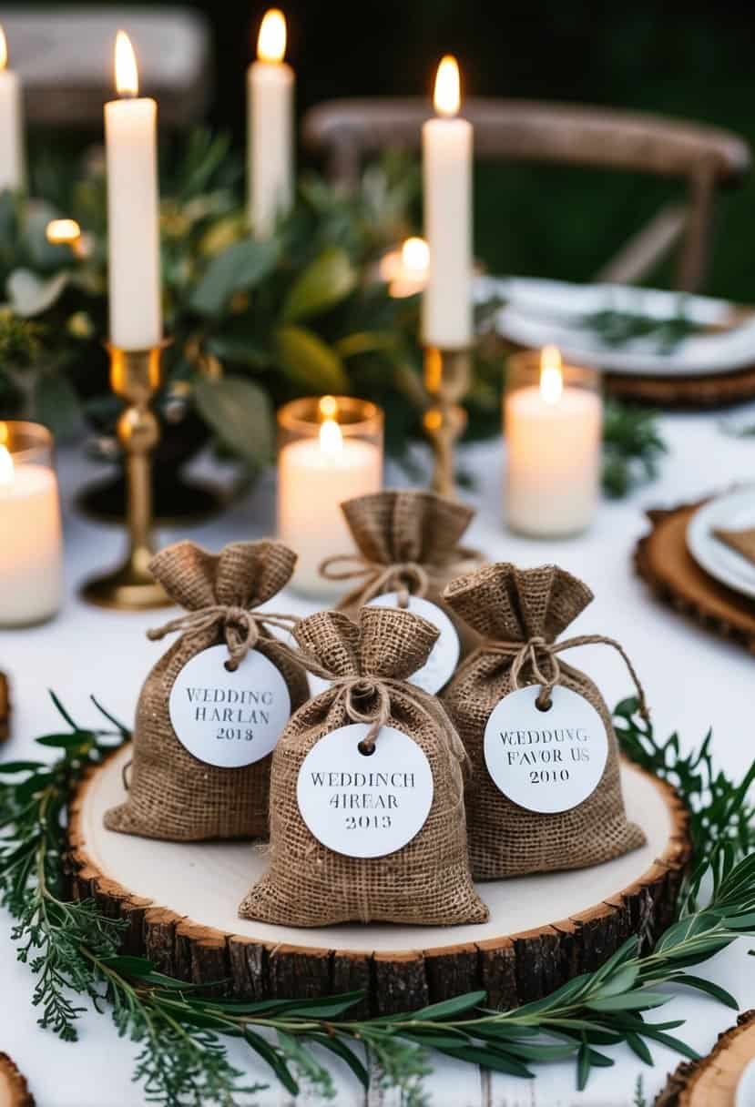 A rustic table setting with mini burlap sacks filled with personalized wedding favors, surrounded by greenery and candles
