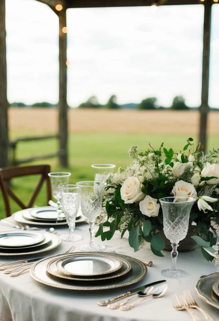 An elegant farmhouse table adorned with antique silverware settings for a wedding celebration
