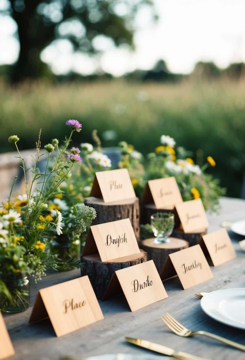 Wooden place cards arranged on a rustic farmhouse table, surrounded by wildflowers and greenery