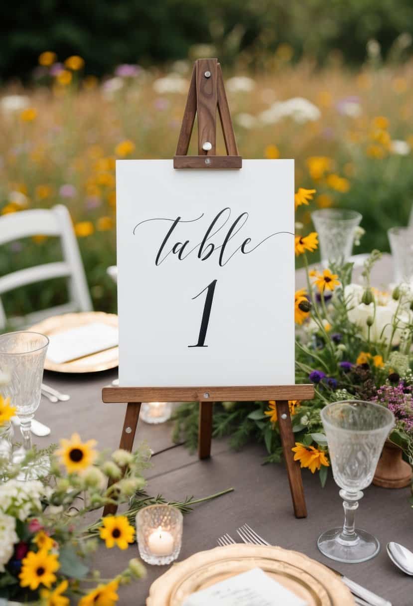 A rustic table easel holds a calligraphed wedding table number amidst wildflowers and vintage decor