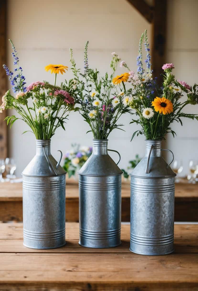 Three galvanized metal vases filled with wildflowers on a rustic farmhouse wedding table