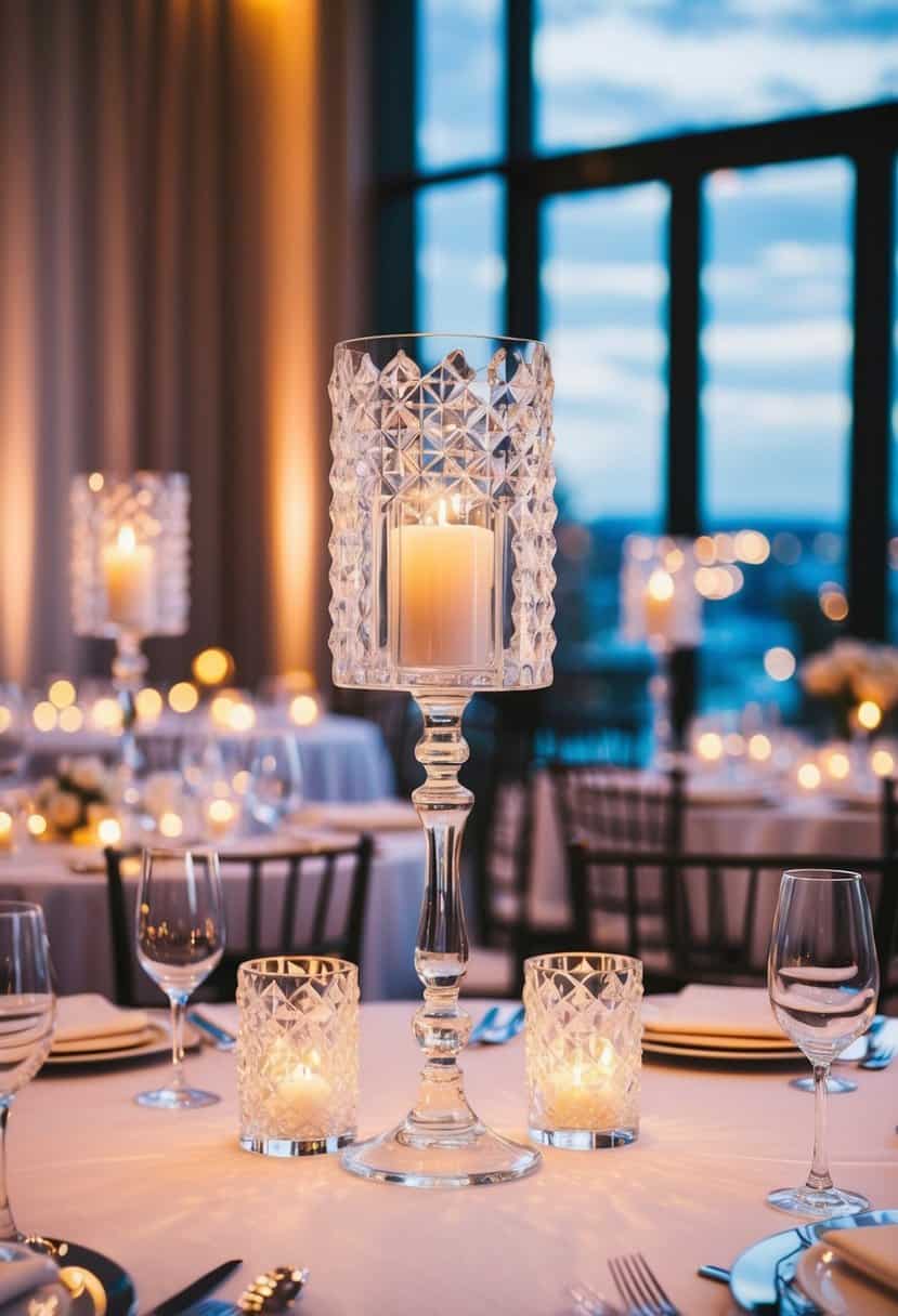A table set with elegant crystal candle holders, casting a warm glow on a chic wedding reception