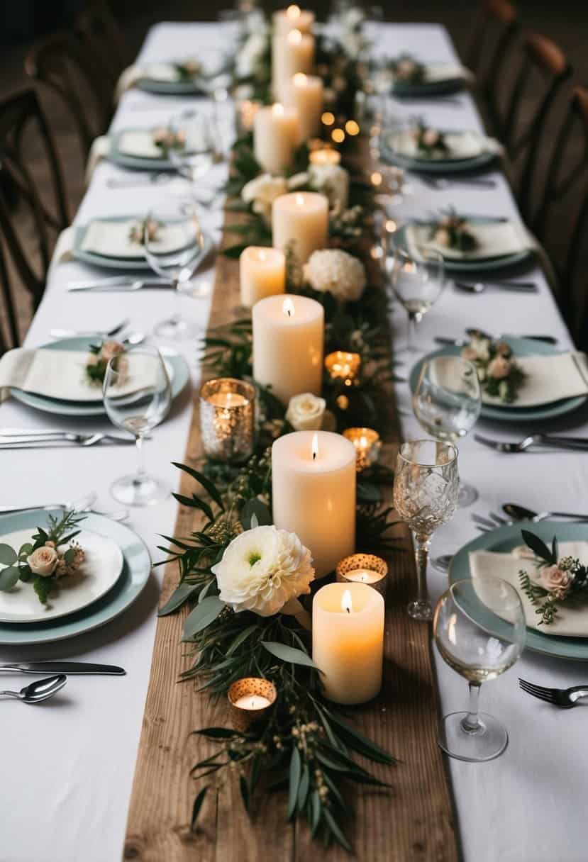 A rustic wood table runner adorned with elegant floral arrangements and candles, creating a chic wedding table decoration