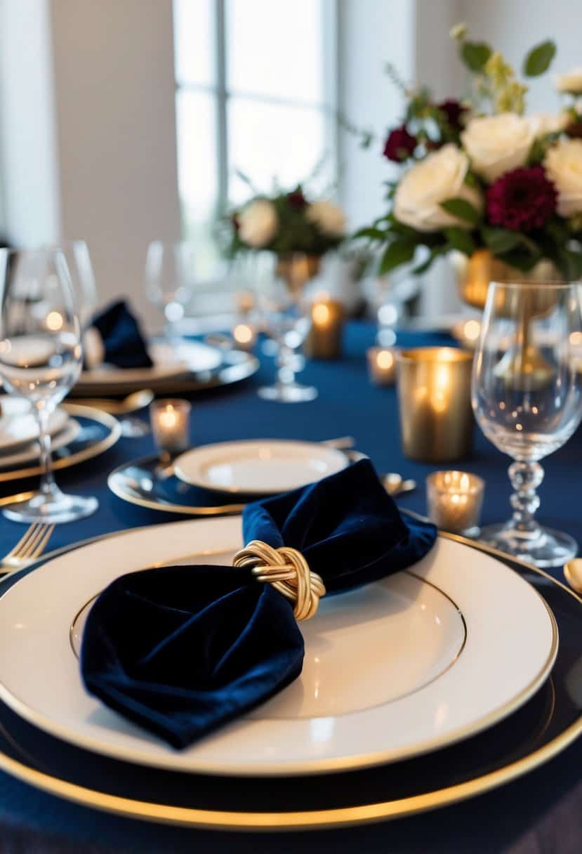 A table set with elegant velvet napkin ties in a chic wedding decor, featuring luxurious fabric and intricate knot designs