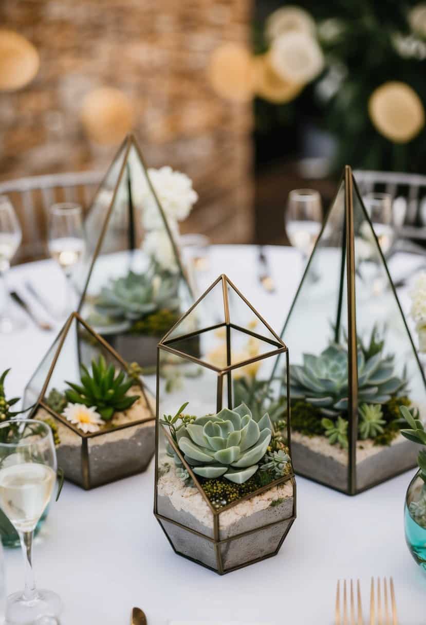 A table adorned with modern geometric terrariums, filled with succulents and delicate florals, creating a chic and stylish wedding centerpiece