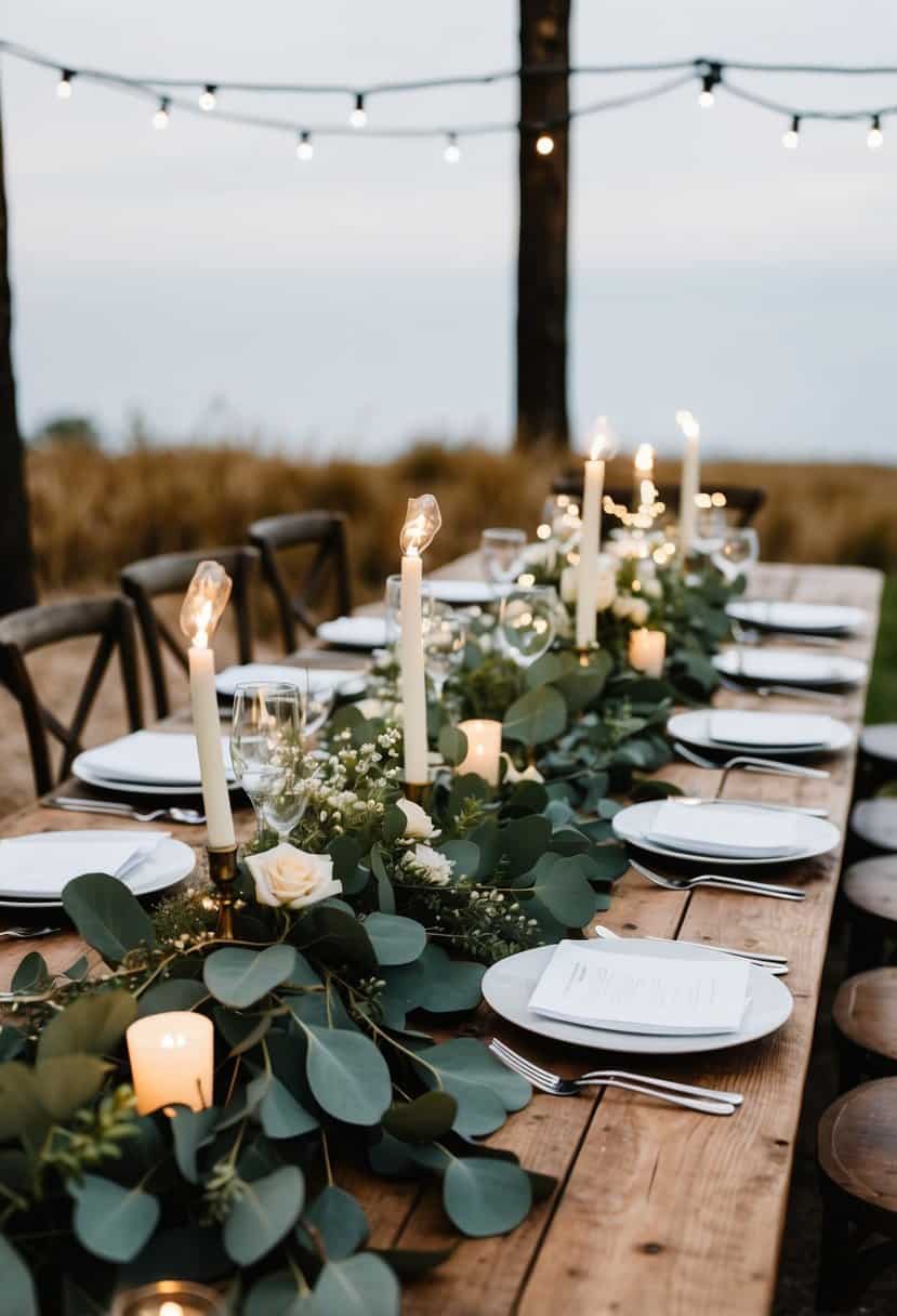 A rustic wedding table adorned with a lush eucalyptus garland, intertwined with delicate flowers and twinkling fairy lights