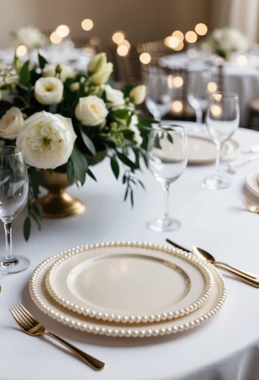 A table set with elegant pearl beaded charger plates as chic wedding decor