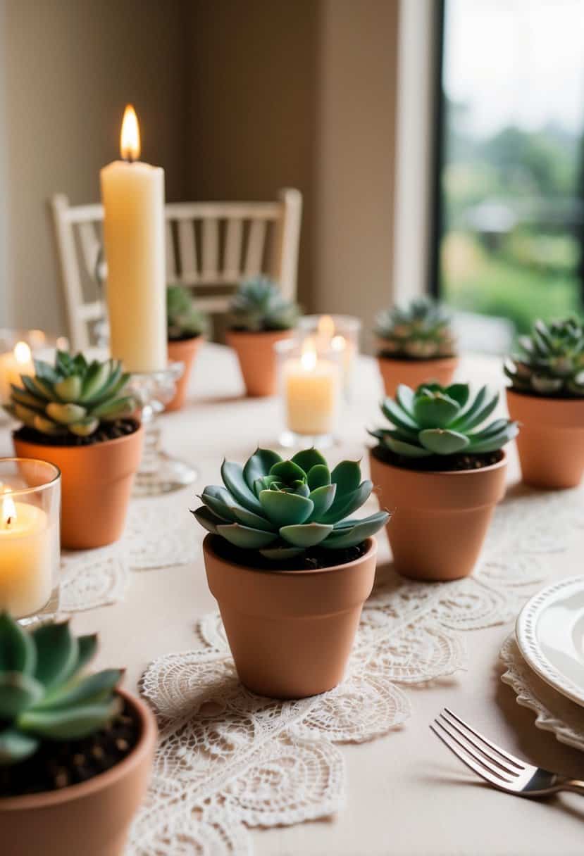 A table adorned with mini succulent favors in elegant pots, surrounded by delicate lace and candlelight
