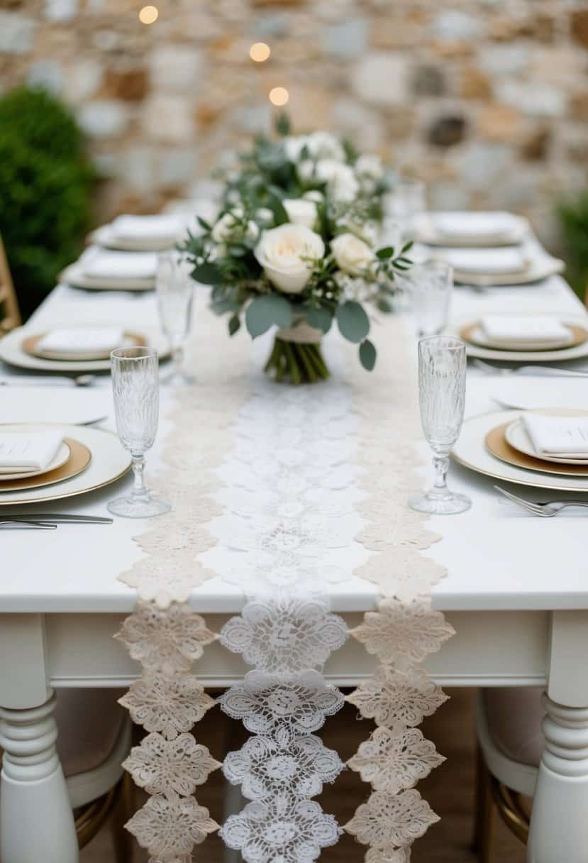 A table adorned with vintage lace runners, delicate and elegant, set for a stylish wedding celebration