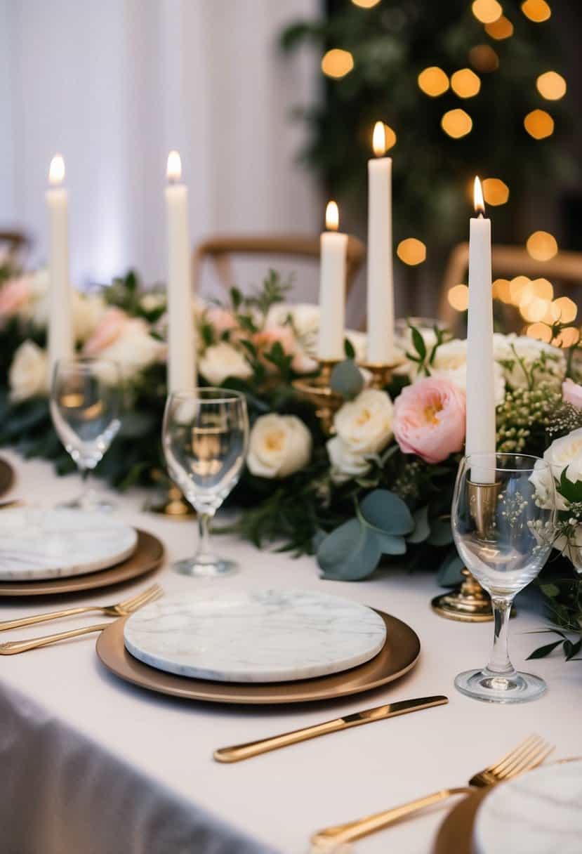 Elegant marble coasters arranged on a wedding table with floral centerpieces and candlelight
