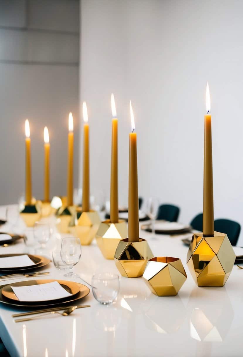 Gold geometric candle holders arranged on a sleek wedding table with minimalist decor