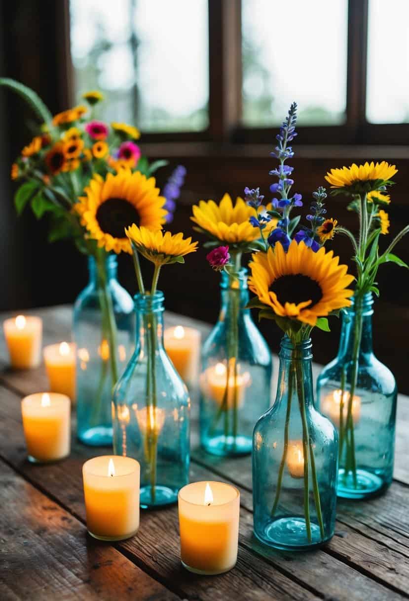 Recycled glass vases arranged on a rustic wooden table, filled with vibrant wildflowers and surrounded by flickering candles