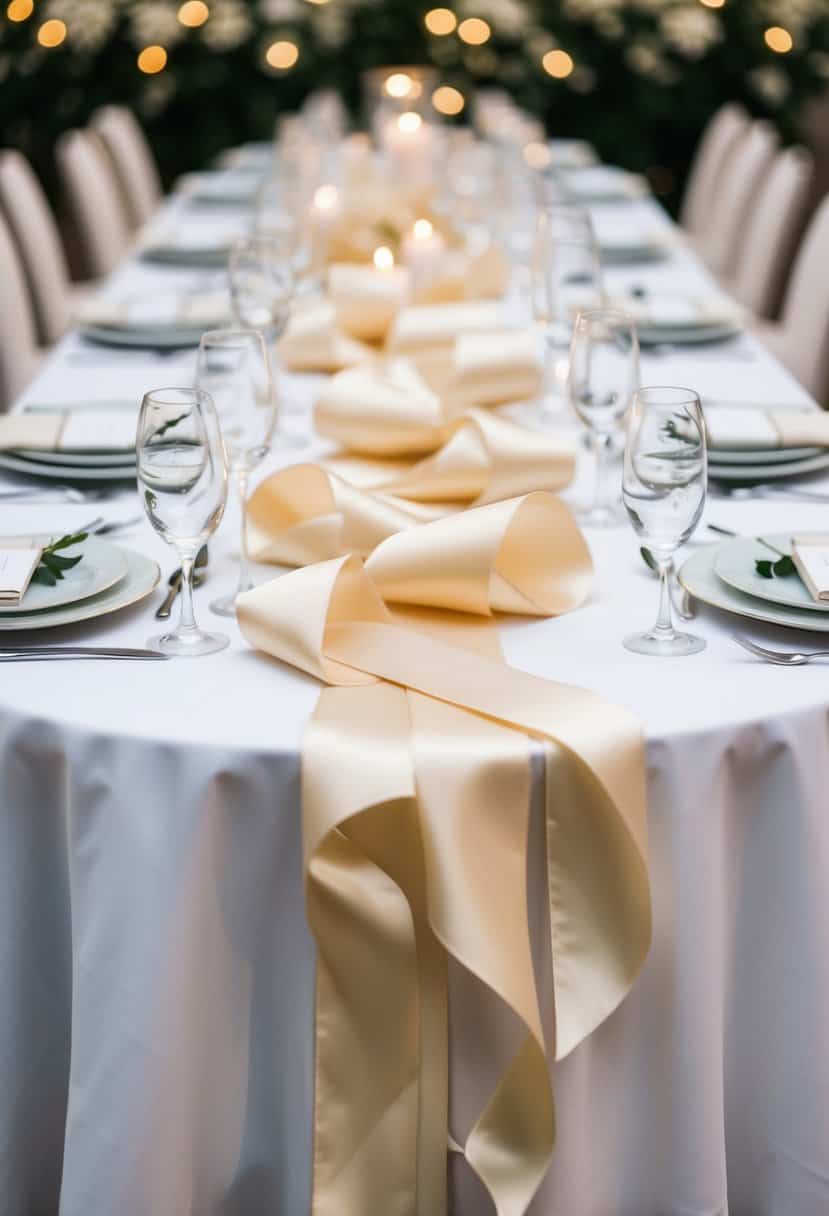 Elegant silk ribbons cascading down a wedding table, adding a touch of sophistication and charm to the decor