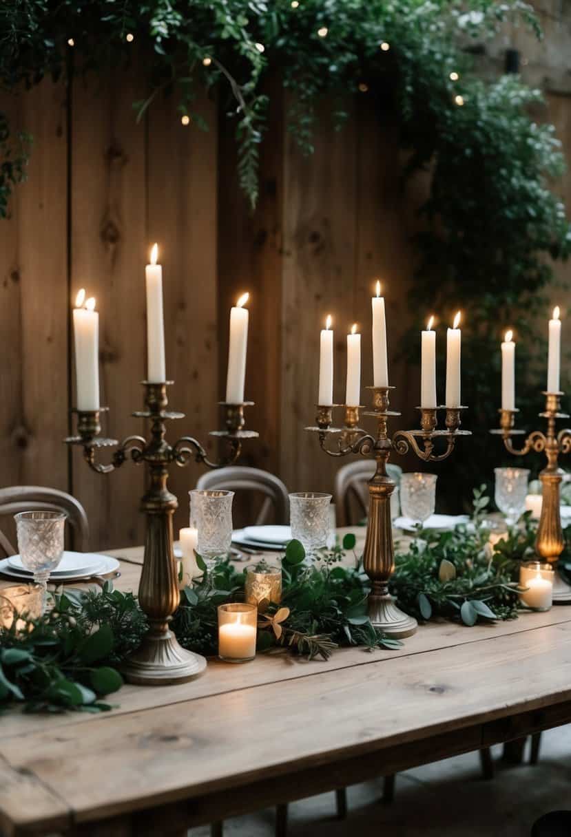 A rustic wooden table adorned with vintage candelabras, surrounded by greenery and soft candlelight