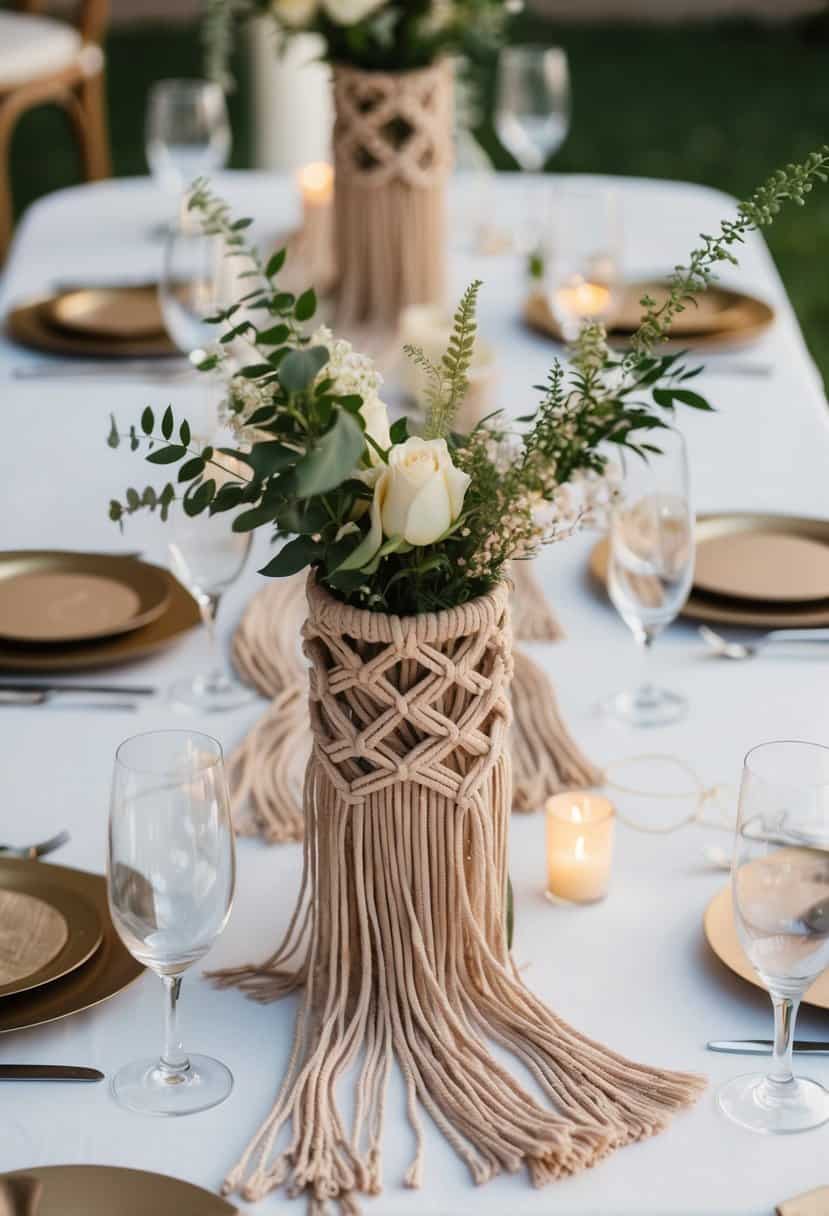 A table adorned with boho macramé centerpieces, featuring intricate knots and flowing fringe, creating a stylish and romantic wedding decor